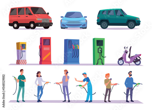 Gas station workers. Professional workers on fuel station exact vector person fill up cars