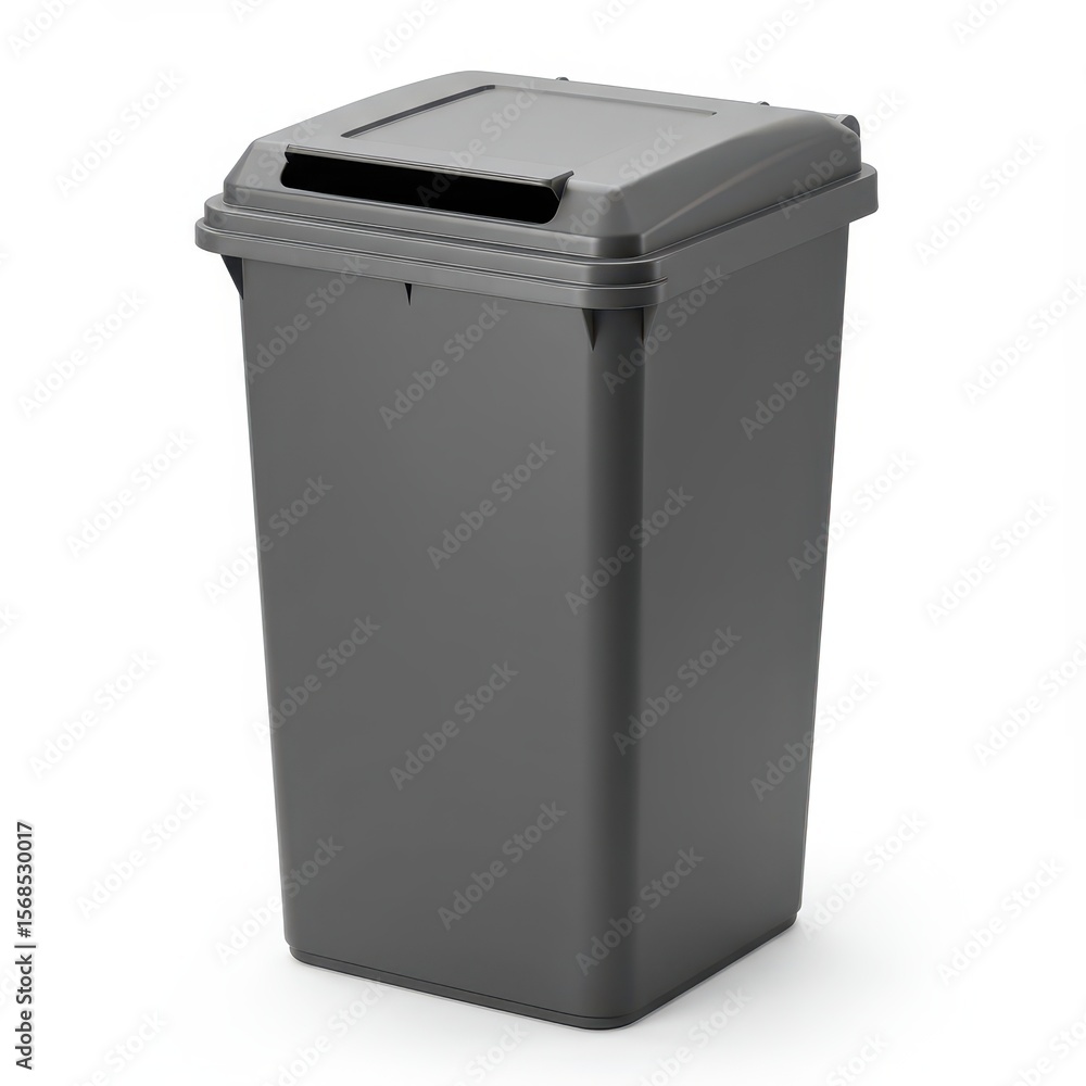 Tall black plastic garbage bin featuring a swing-top lid, designed for indoor or outdoor waste disposal in homes or offices. Tall black plastic garbage bin featuring a swing-top lid, designed for indoor or outdoor waste disposal in homes or offices.