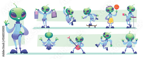 Aliens. Cartoon mascot in action poses walking riding jumping exact vector cute character space alien