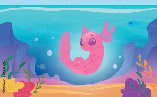 Axolotl. Cartoon background illustration with cute pink amphibian exact vector template