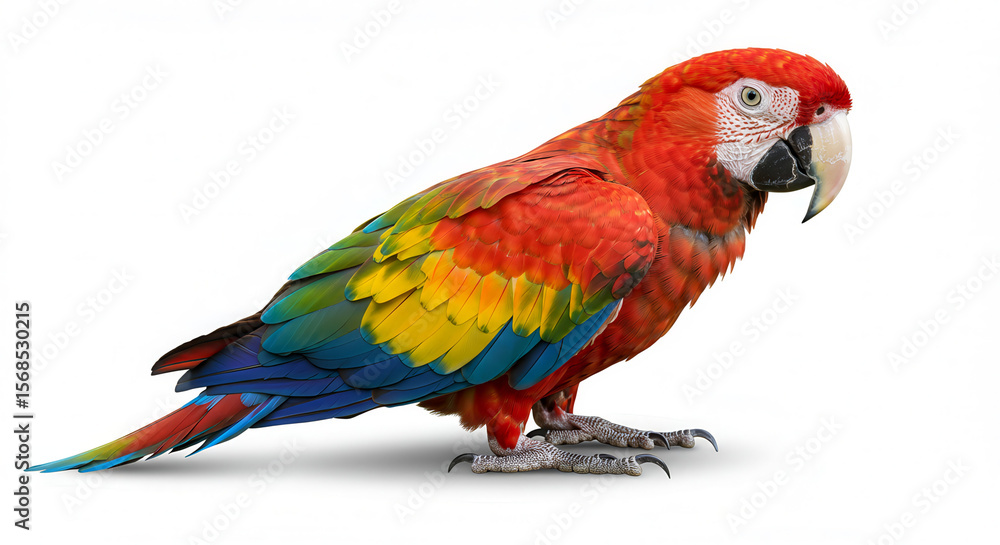 Fototapeta premium Scarlet macaw side view with vibrant feathers on white background