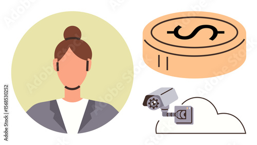 Womans face scan profile, dollar coin symbolizing digital currency, cloud-connected security camera. Ideal for privacy, surveillance, technology, finance, AI data security innovation. Simple flat