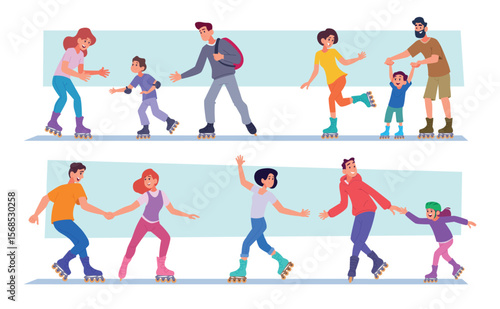 Roller skaters. Parents and kids skating together exact vector sport characters family