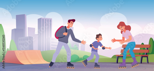 Roller skating park. Outdoor sport activity parents with kids skating in urban park exact vector cartoon background