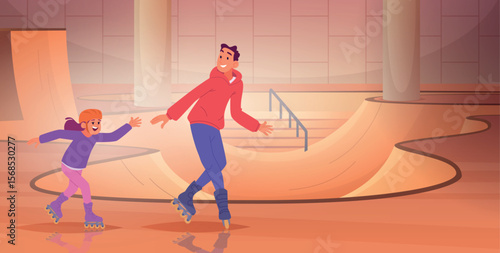 Roller skating park. Indoor sport special playground for skaters family with kids skating exact vector background in cartoon style