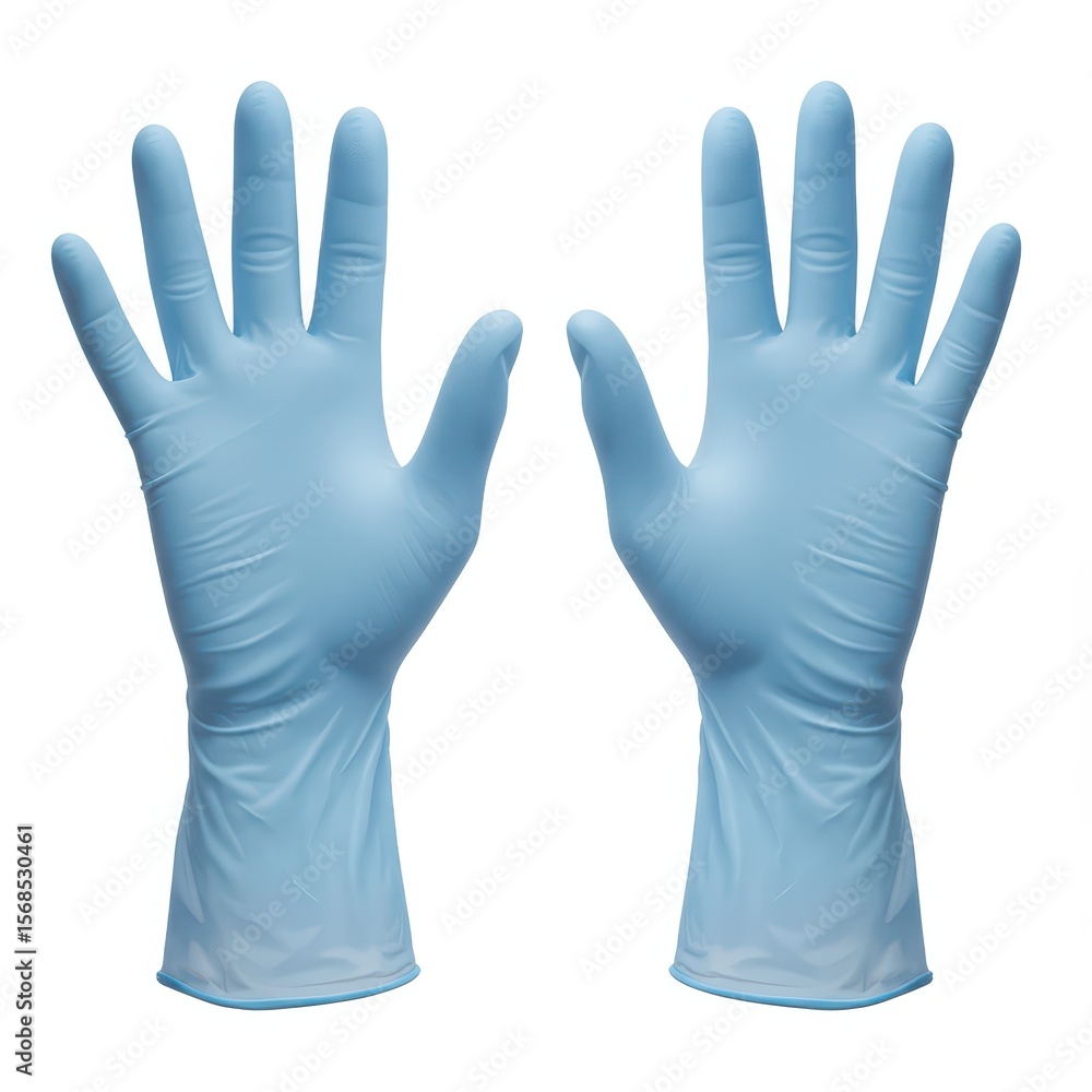 Obraz premium Pair of blue nitrile disposable gloves designed for medical, cleaning, or food handling tasks, offering durable hand protection and hygiene.