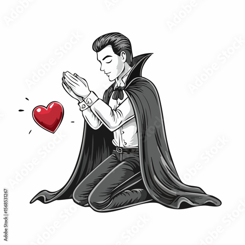 Repentant Vampire Dracula Kneeling in Prayer Seeking Forgiveness with Sincere Heart Vector Illustration
