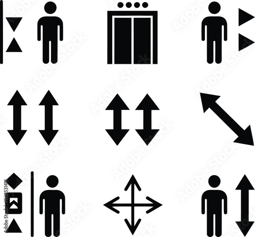 Collection of black icons representing elevators and directional arrows on white background