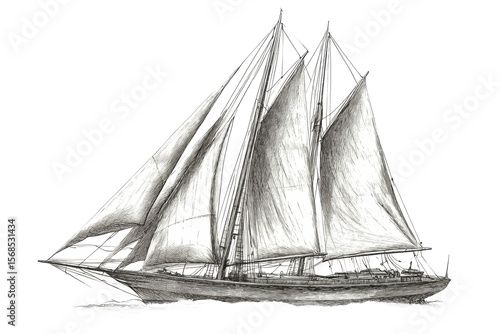 . Vintage sailing yacht boat sketch engraving PNG illustr subject