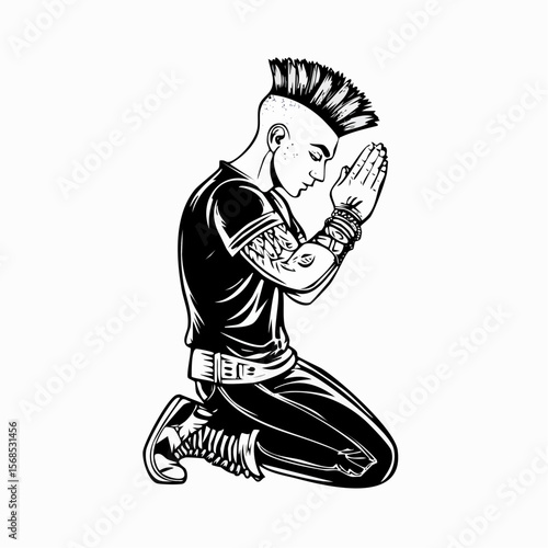Young Punk Rock Man Kneeling in Prayer and Repentance in a Powerful Vector