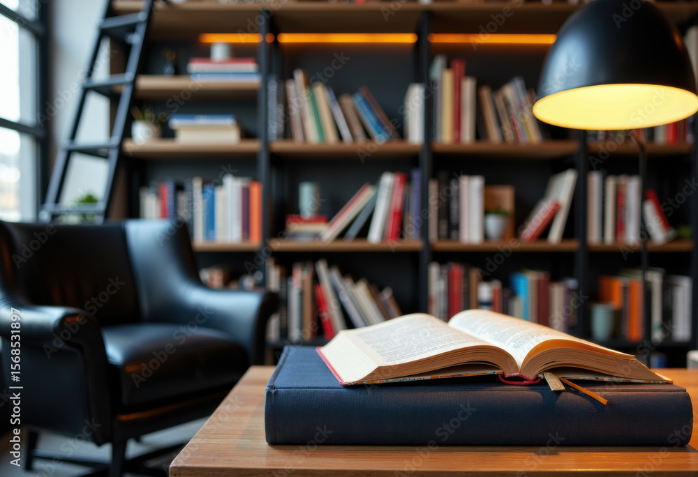 Fototapeta premium Cozy reading nook with a bookshelf, armchair, and warm lighting for a relaxing atmosphere