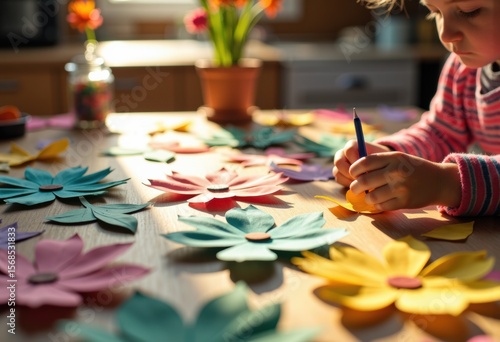 Child creating colorful paper flowers on a table for craft activity or decoration