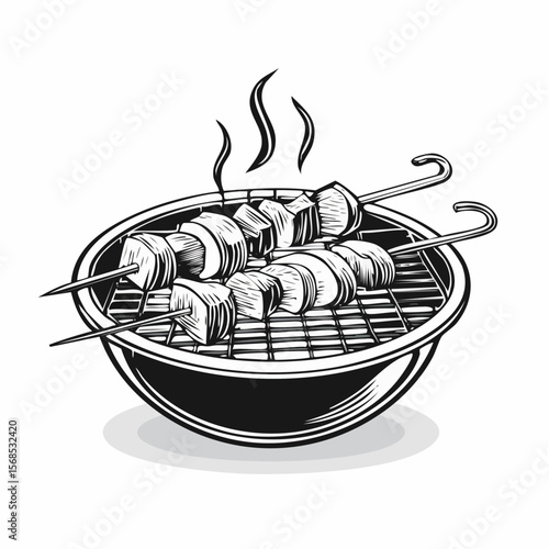 Grilling Shashlik On Barbecue Grill Vector Image isolated on white background.