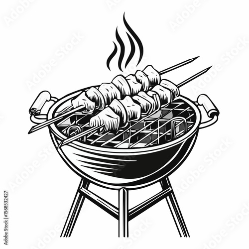 Grilling Shashlik On Barbecue Grill Vector Image isolated on white background.