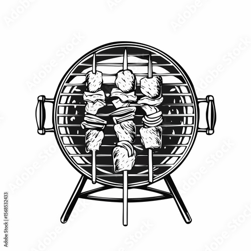 Grilling Shashlik On Barbecue Grill Vector Image isolated on white background.
