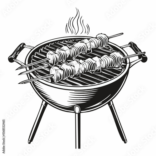 Grilling Shashlik On Barbecue Grill Vector Image isolated on white background.