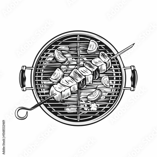 Grilling Shashlik On Barbecue Grill Vector Image isolated on white background.