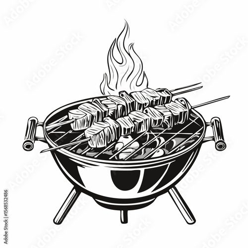 Grilling Shashlik On Barbecue Grill Vector Image isolated on white background.