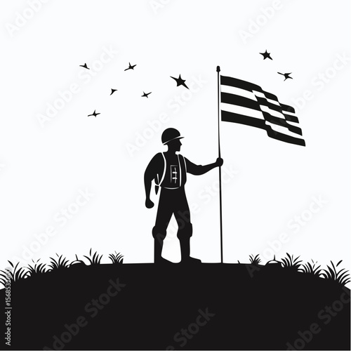 Celebration Heroes Day with Soldier Hold Flag Silhouette Vector on white background.