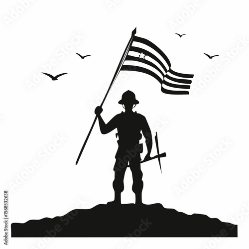 Celebration Heroes Day with Soldier Hold Flag Silhouette Vector on white background.