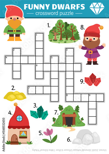 Vector dwarf crossword puzzle for kids. Simple quiz with gnome, forest, mine, house, gold, gems for children. Cute woodland educational cross word activity with magic creature