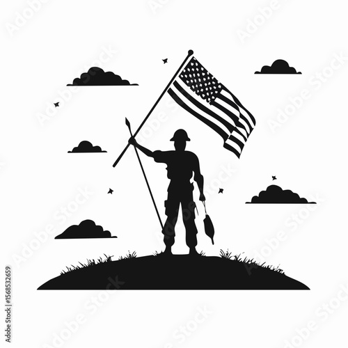 Celebration Heroes Day with Soldier Hold Flag Silhouette Vector on white background.