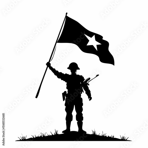 Celebration Heroes Day with Soldier Hold Flag Silhouette Vector on white background.