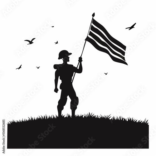 Celebration Heroes Day with Soldier Hold Flag Silhouette Vector on white background.