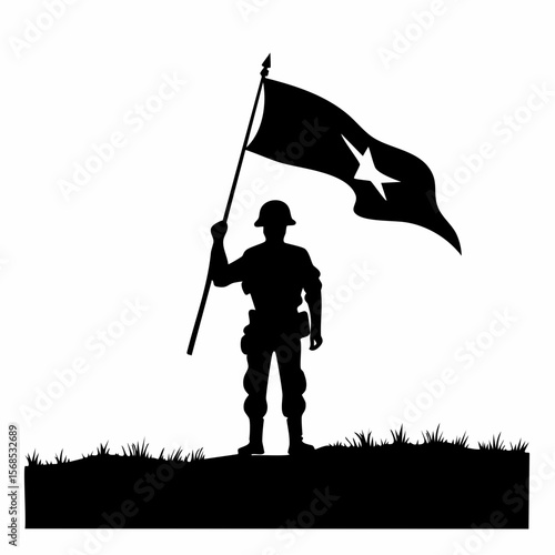 Celebration Heroes Day with Soldier Hold Flag Silhouette Vector on white background.