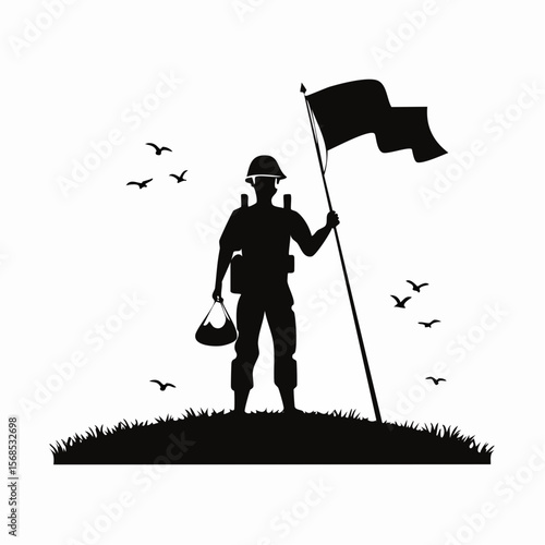 Celebration Heroes Day with Soldier Hold Flag Silhouette Vector on white background.