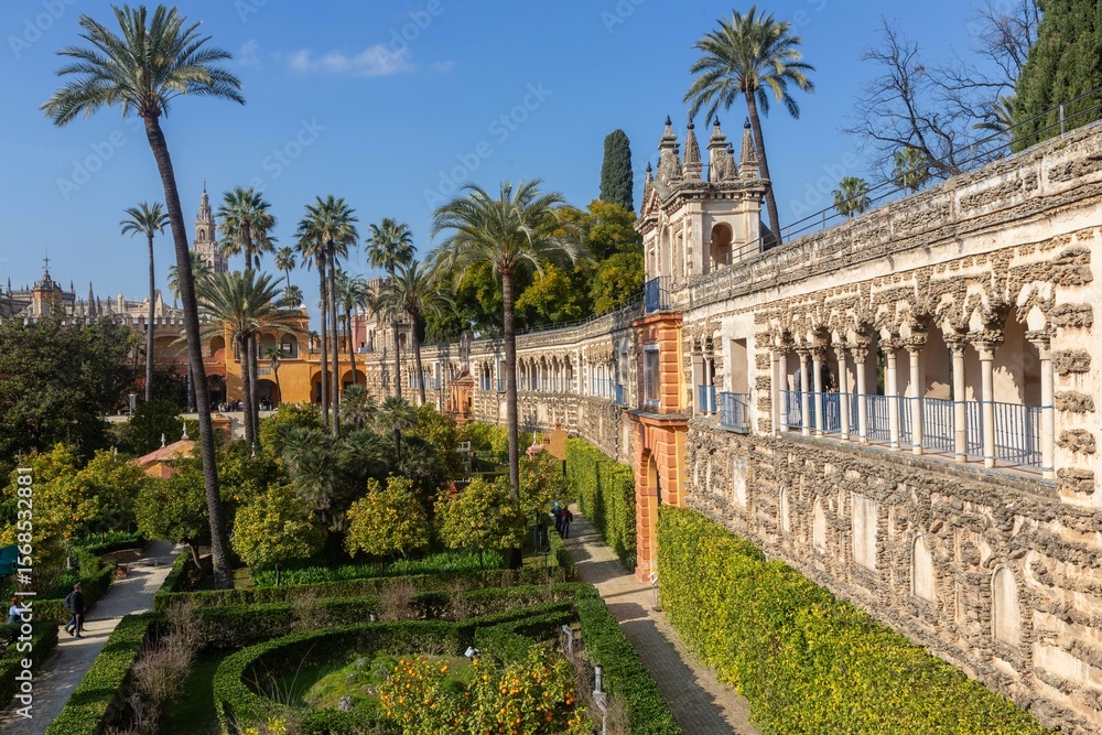 Fototapeta premium Royal Alcazar of Seville Spain Interior Detail, Historic Royal Palace Gardens, Gothic and Renaissance Architecture Detail, Unesco World Heritage Site