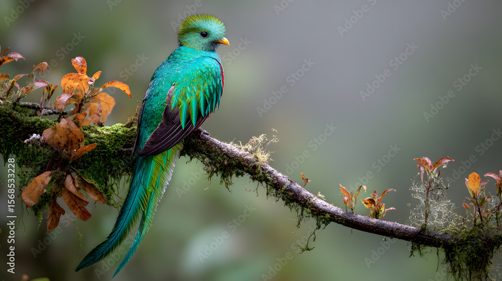 Fototapeta premium Vibrant Resplendent Quetzal perches on a moss-covered branch in misty Savegre cloud forest, its iridescent feathers glistening in soft, emerald green light, Costa Rica.