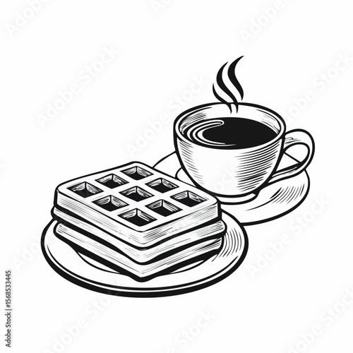 Waffles and coffee Vector. Delicious Waffle And Coffee on the table image isolated on white background.