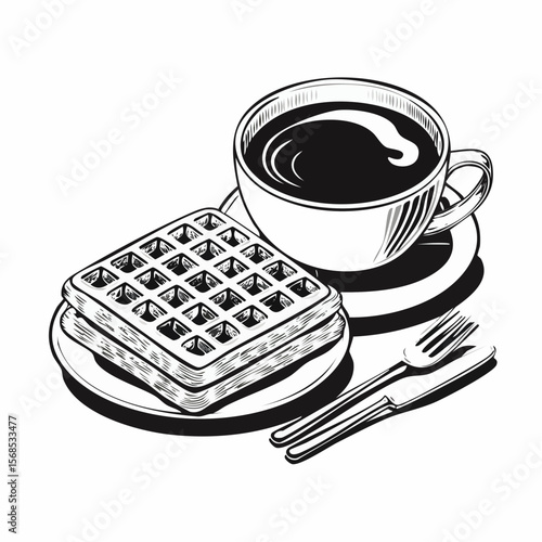 Waffles and coffee Vector. Delicious Waffle And Coffee on the table image isolated on white background.