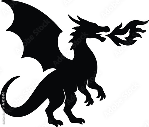 Silhouette dragon breathing fire black mythical creature vector illustration