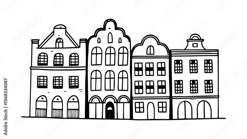 Fototapeta premium Vintage Cityscape Line Art of European Architecture in Pencil Sketch Style