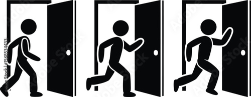 Three stick figures walking through open doors in a sequence