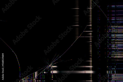 Close-up of a broken LCD screen showing radiating cracks, fragmented pixel lines, and colorful digital distortion in dark surroundings.