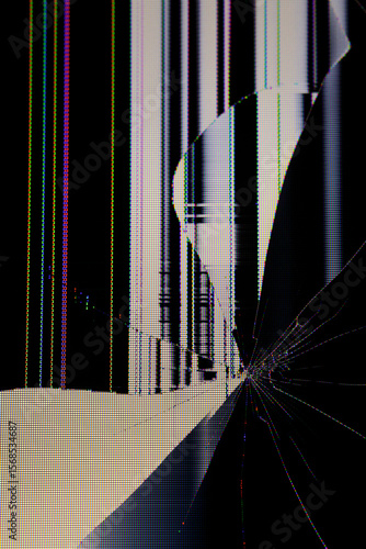 Abstract pixelated cityscape resembling a futuristic urban scene, distorted by RGB screen pixels and digital glitching for artistic impact.