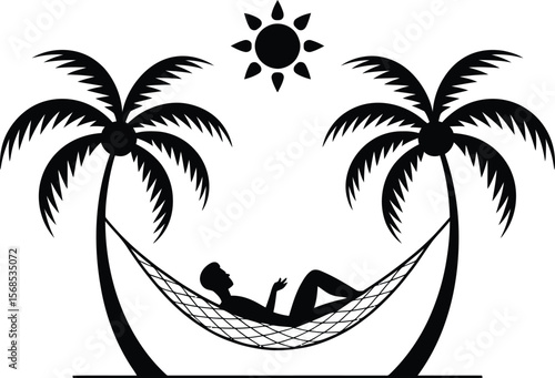 Silhouette of a person relaxing in a hammock between two palm trees under the sun