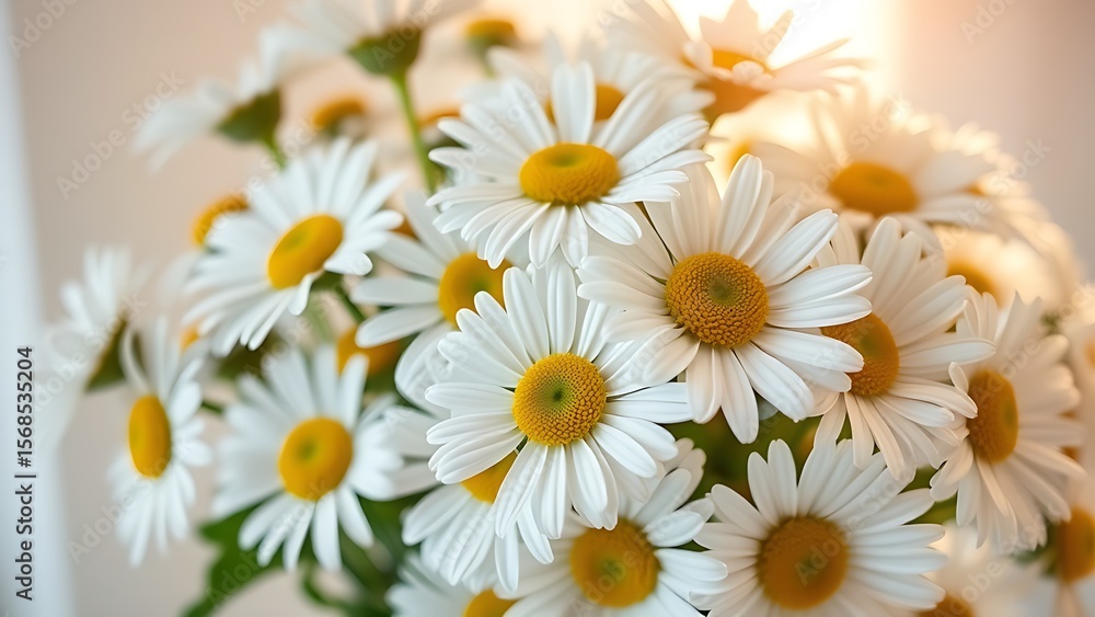 Fototapeta premium Fresh daisy bouquet bathed in soft sunlight, showcasing delicate pastel petals.
