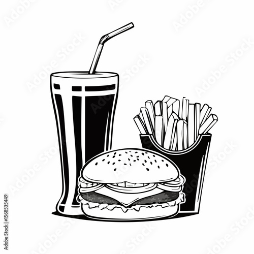 Delicious Cheeseburger With Cola And Potato Fries image vector isolated on white background.