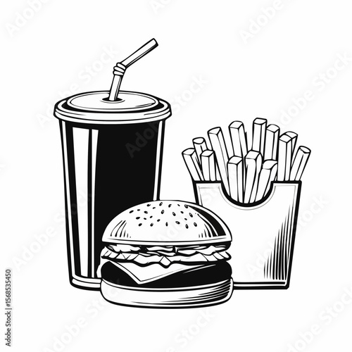 Delicious Cheeseburger With Cola And Potato Fries image vector isolated on white background.