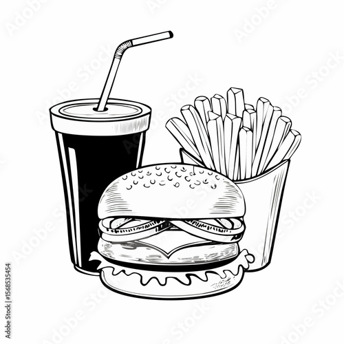 Delicious Cheeseburger With Cola And Potato Fries image vector isolated on white background.