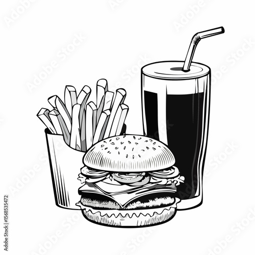 Delicious Cheeseburger With Cola And Potato Fries image vector isolated on white background.