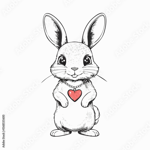 Adorable Bunny Standing Upright While Wearing a Heart Necklace in Cute Vector Style