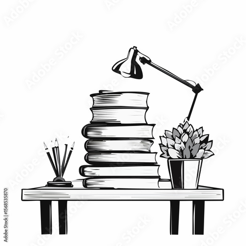Stack of Books on Table with Study Lamp and Flower Pot Vector Illustration