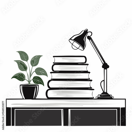 Stack of Books on Table with Study Lamp and Flower Pot Vector Illustration