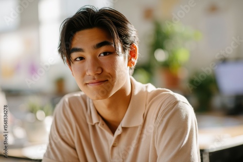 Young asian male smiling in bright indoor setting
