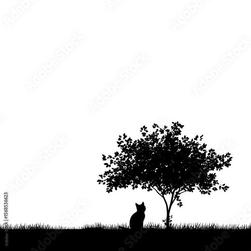A silhouette of a cat sitting under a leafy tree against a white background, evoking tranquility and simplicity in a natural setting.